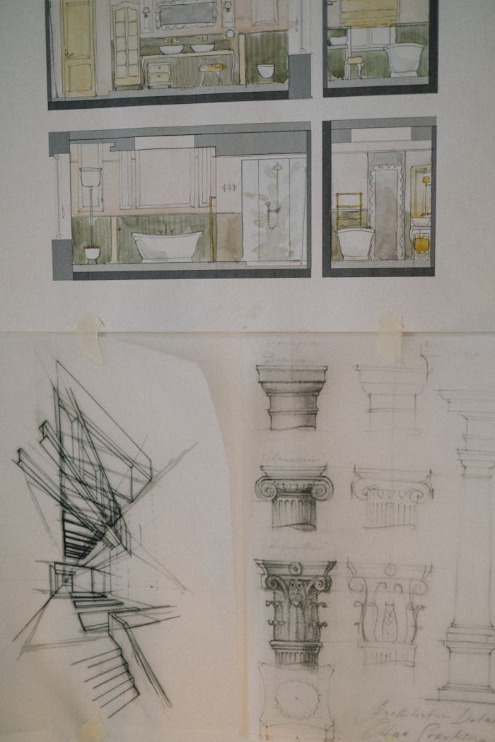 brand-01 Detailed architectural sketches showcasing classic column designs and interior layouts.